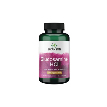 A green plastic bottle of Swanson Glucosamine HCI 1500 mg, with 100 tablets to support joint cartilage and promote health and mobility.